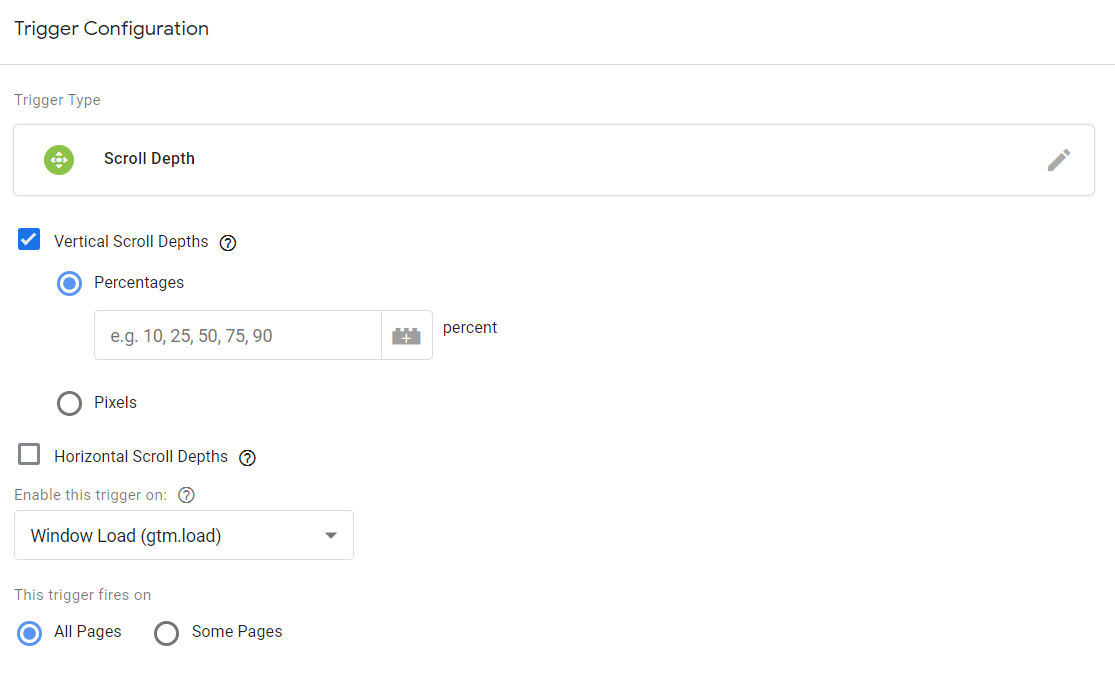 Scroll depth trigger configuration
