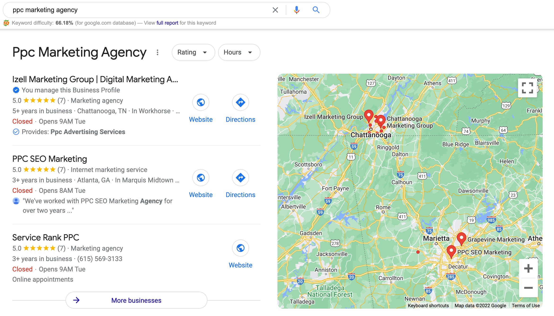 Google search for ppc marketing agency that shows google map results