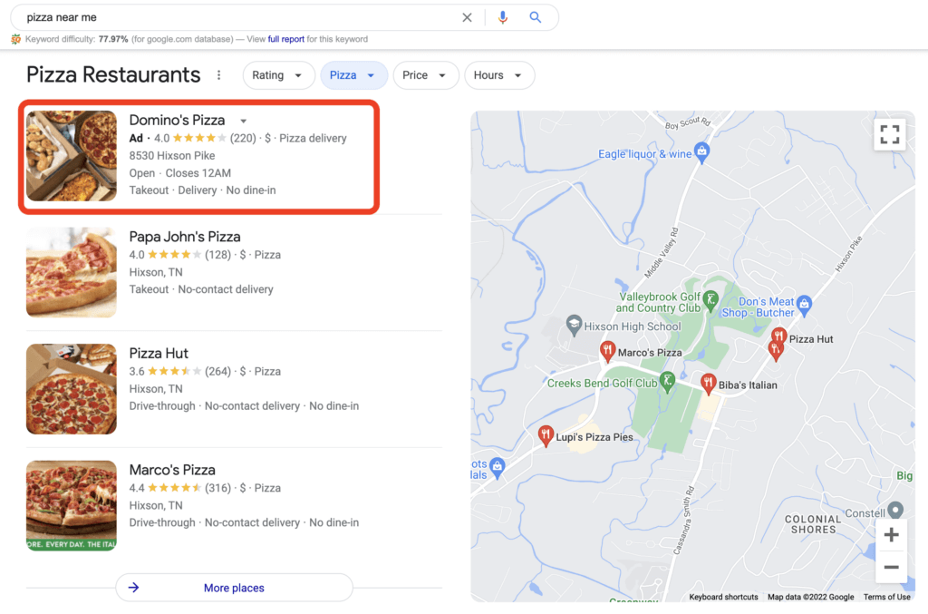 Google local search ad showing on Google Maps