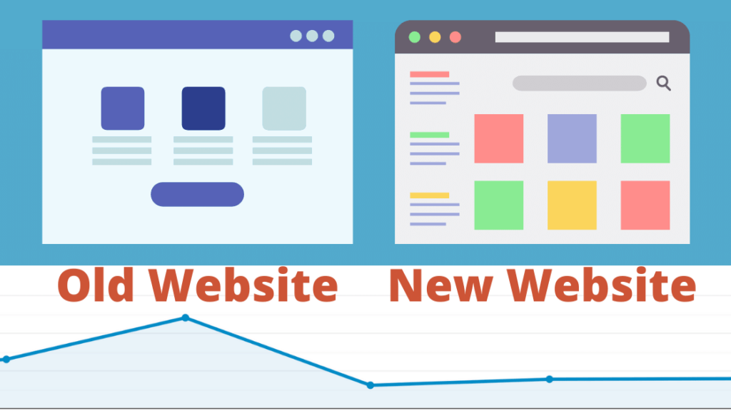 Image shows mockup of old site and new site with a traffic drop charted below them