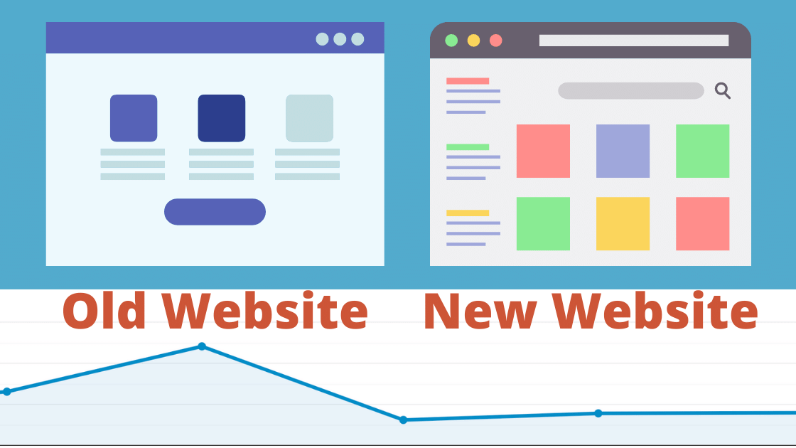 Image shows mockup of old site and new site with a traffic drop charted below them