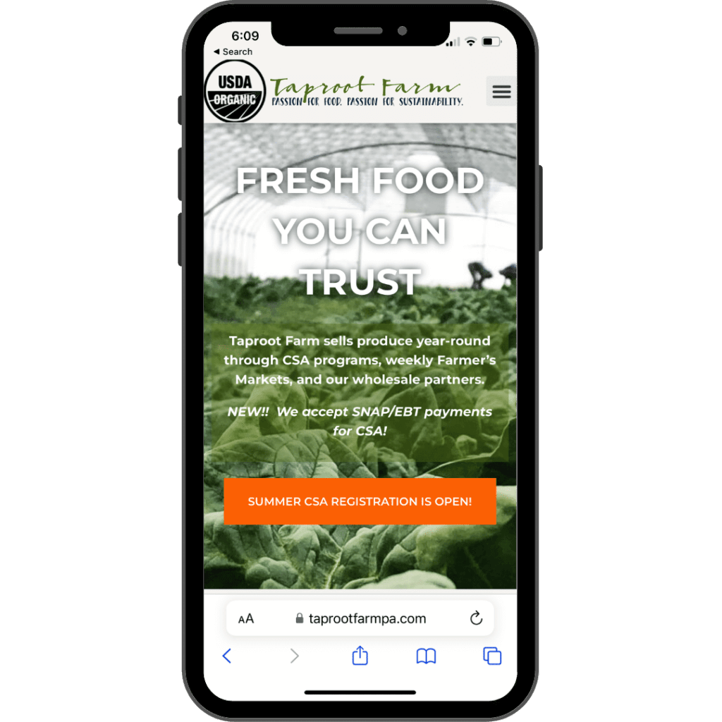 Taproot Farm website on mobile